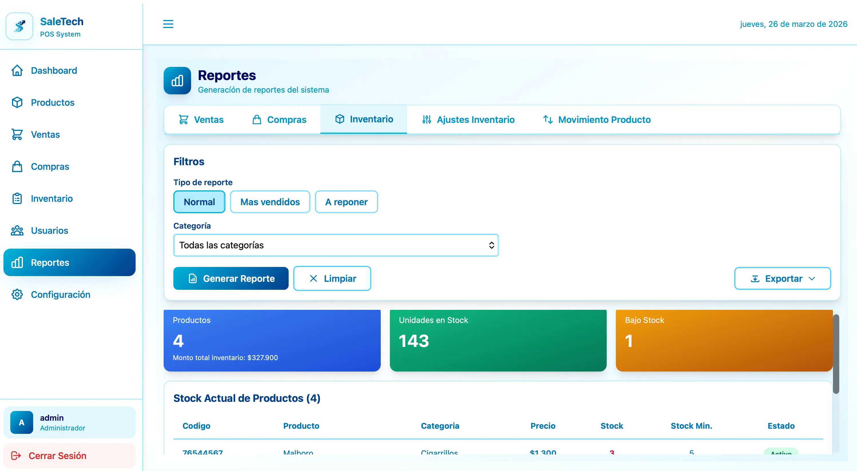 Pantalla de reportes de Sale-Tech POS con filtros, inventario y opcion de exportacion
