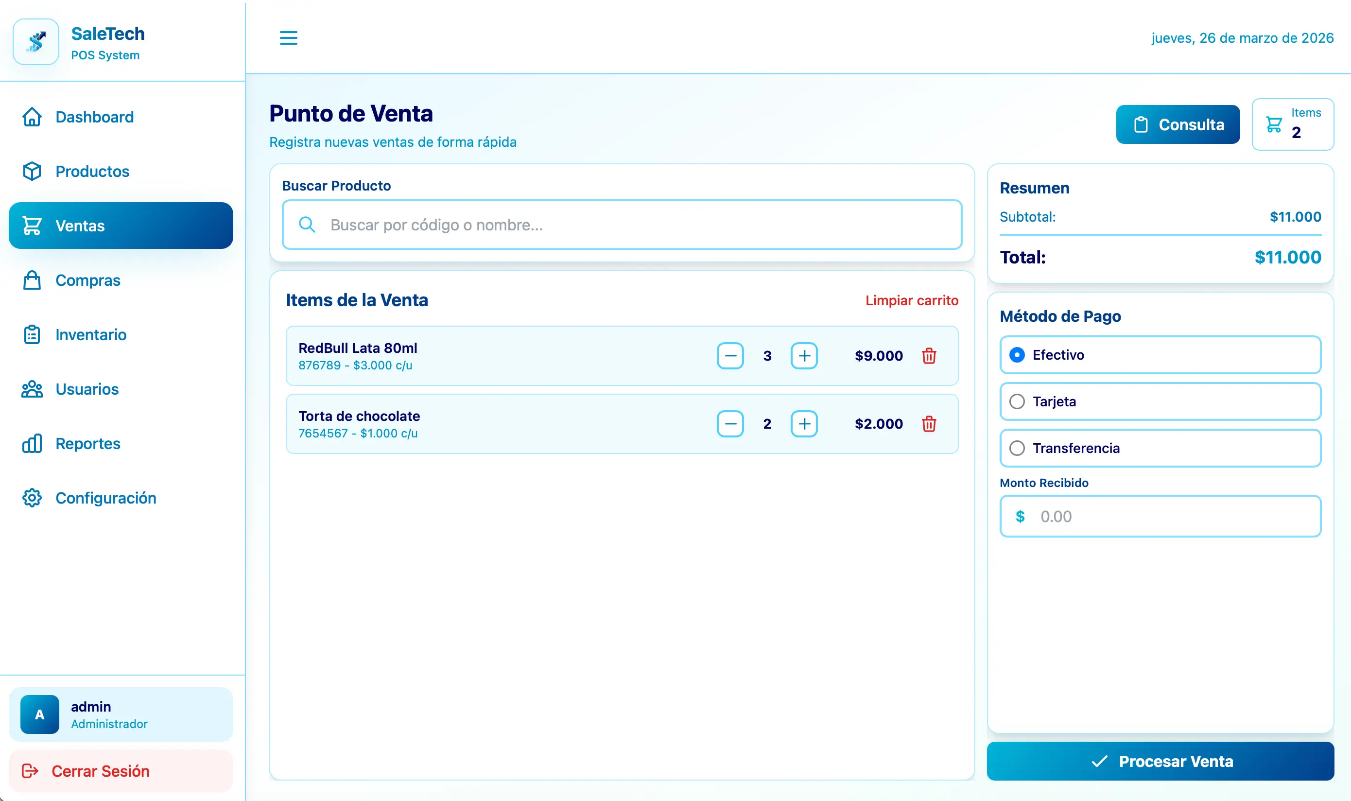 Pantalla de ventas de Sale-Tech POS con carrito, resumen y metodos de pago