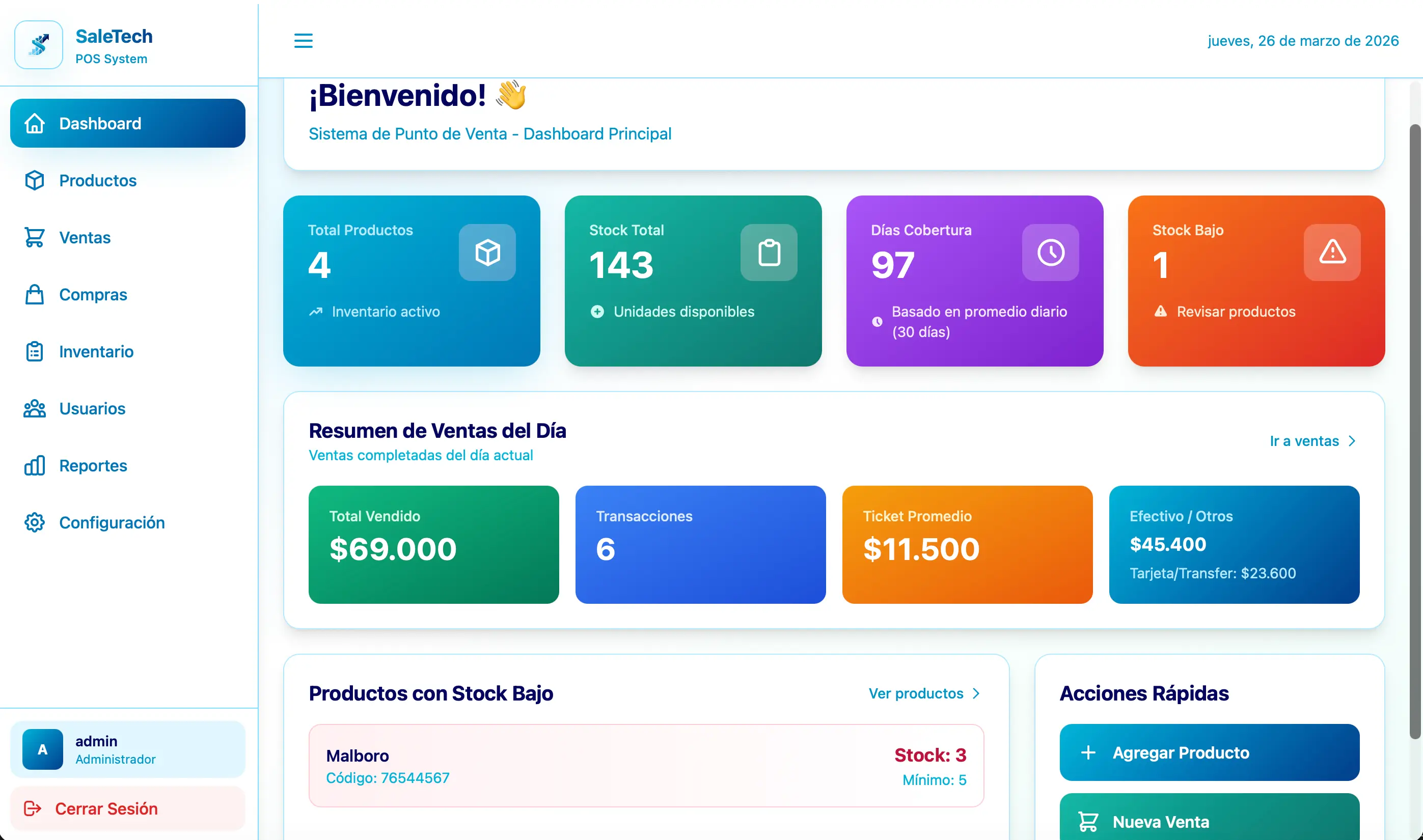 Vista general del dashboard de Sale-Tech POS